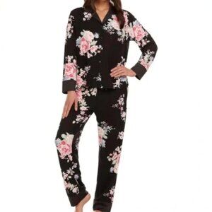Flora Nikrooz Black Pajama Set with Pink and Blue Floral Design